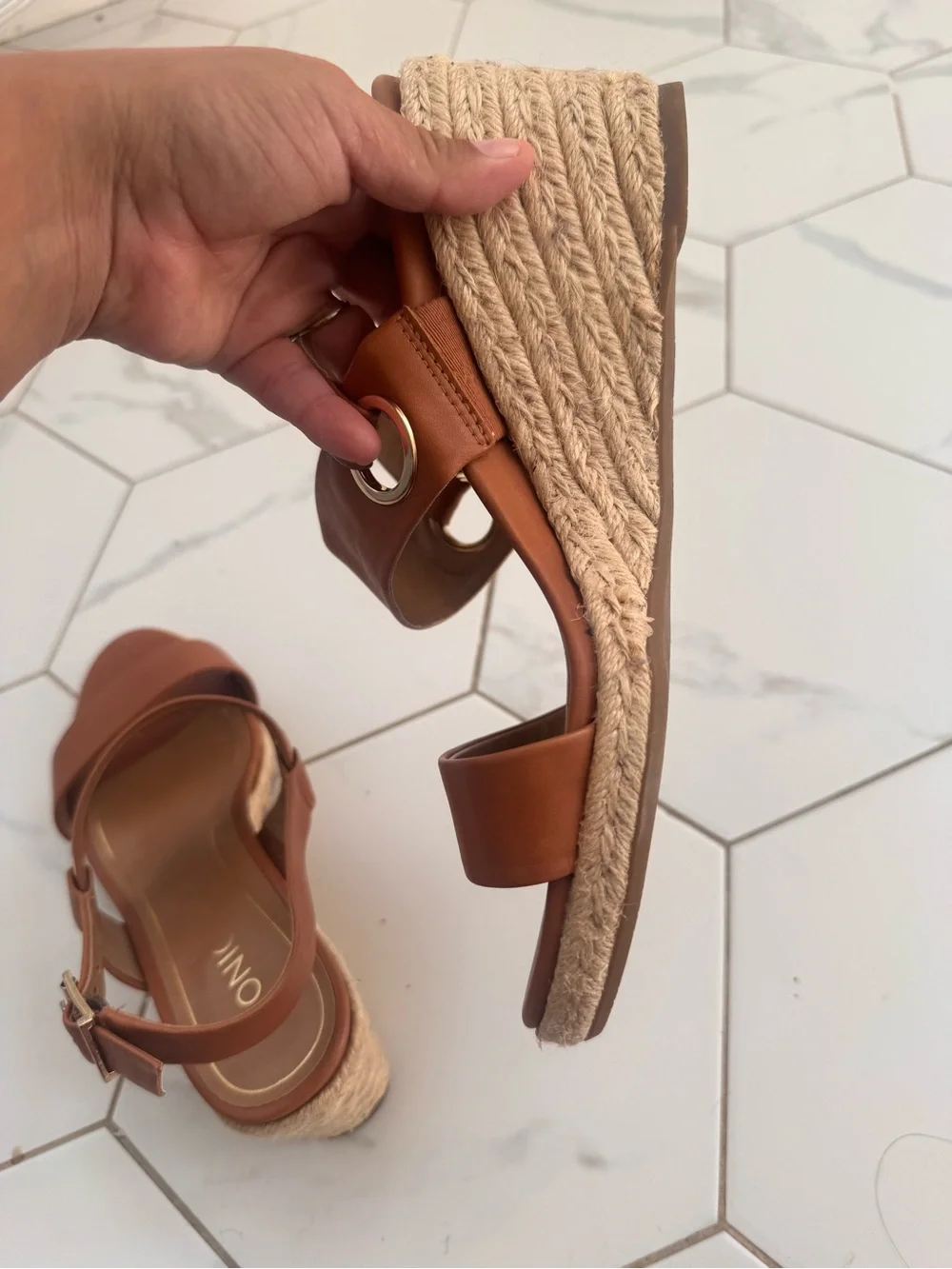 Vionic Tulum Espadrille Wedge in Brown Leather with Gold Hardware Slingback 9.5
